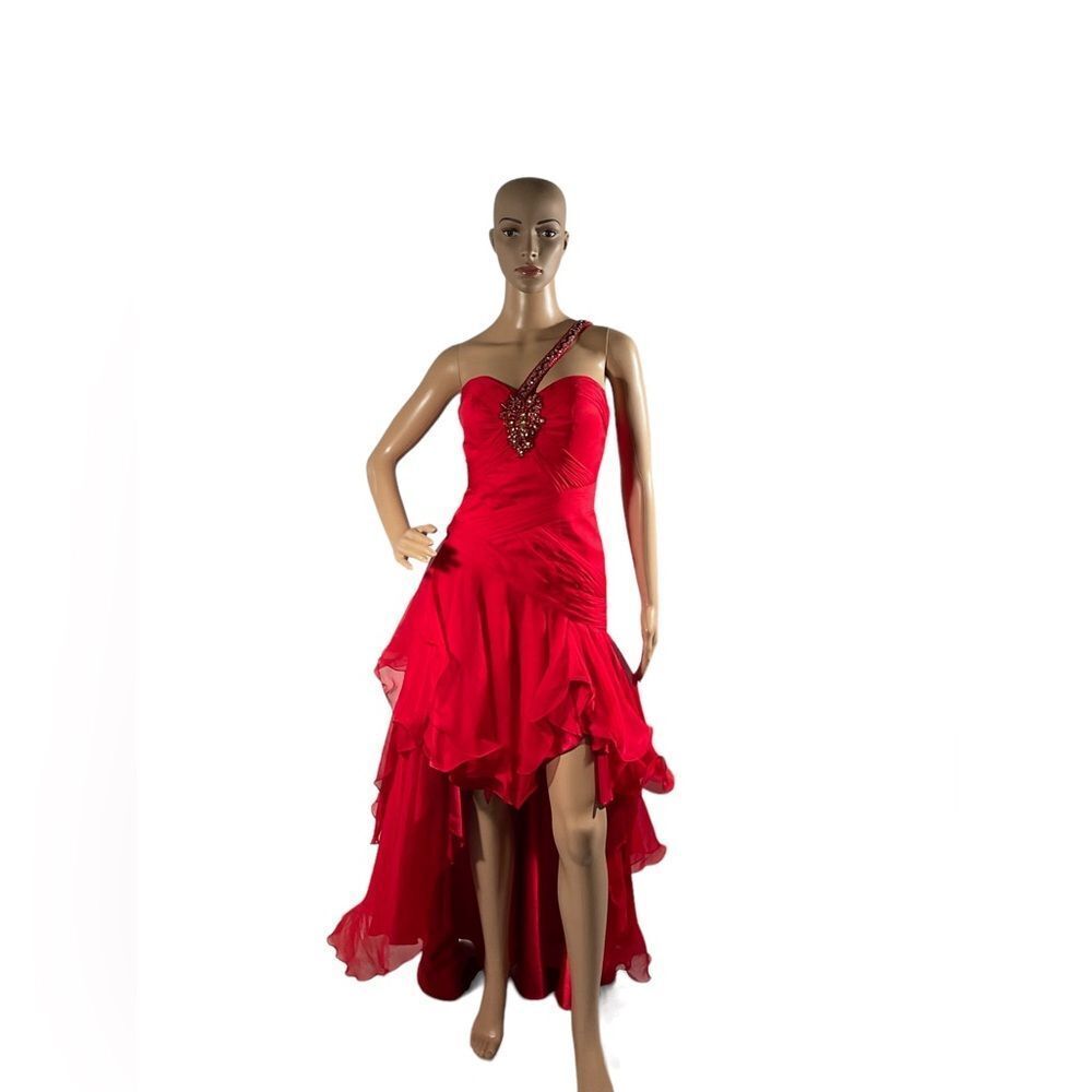 Nina Canacci Women’s Long Red Open Back Embellished Prom Ruffles Dress Size 0